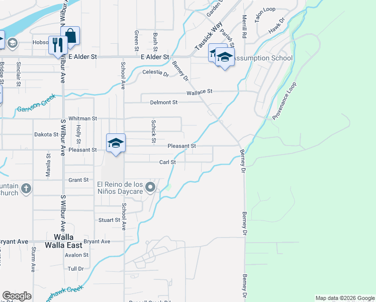 map of restaurants, bars, coffee shops, grocery stores, and more near 2018 Pleasant Street in Walla Walla