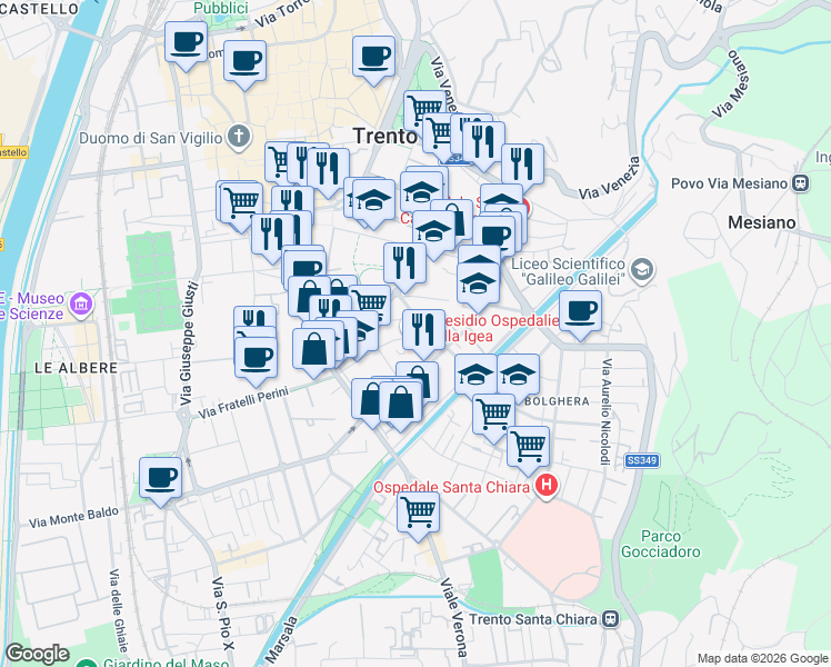 map of restaurants, bars, coffee shops, grocery stores, and more near Via Malta in Trent