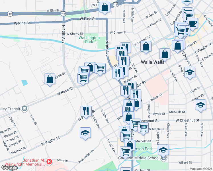 map of restaurants, bars, coffee shops, grocery stores, and more near 811 West Main Street in Walla Walla