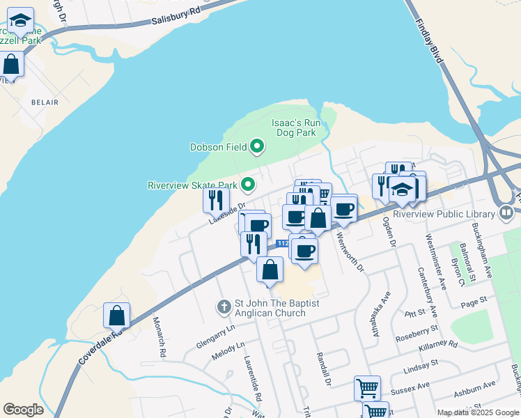 map of restaurants, bars, coffee shops, grocery stores, and more near 140 Lakeside Drive in Riverview