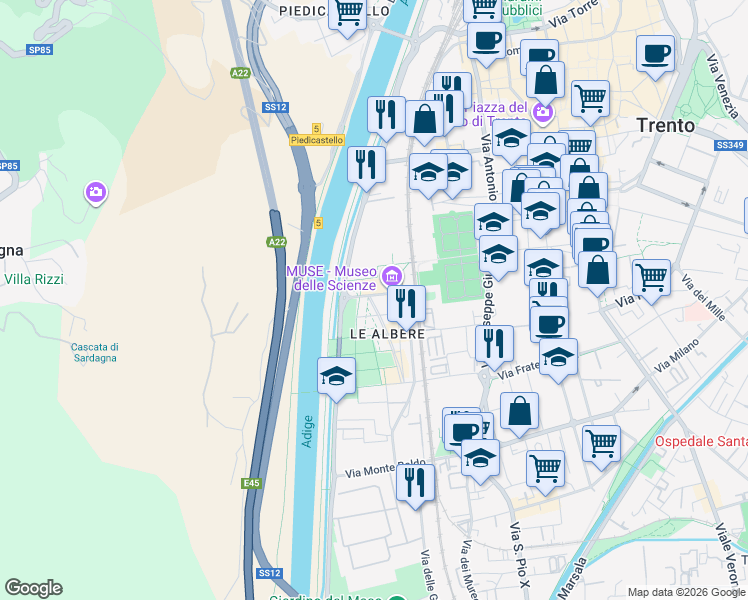 map of restaurants, bars, coffee shops, grocery stores, and more near 113 Viale della Costituzione in Trento