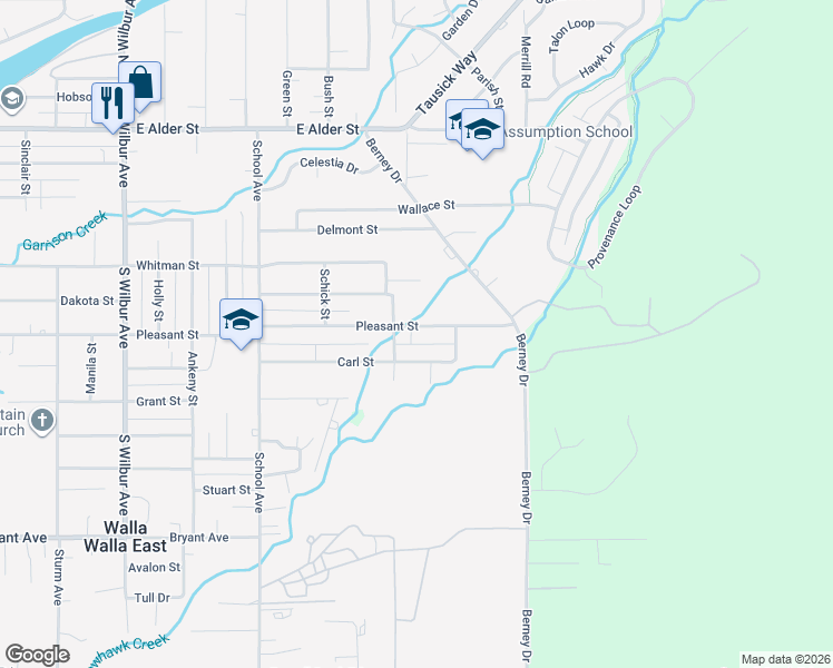 map of restaurants, bars, coffee shops, grocery stores, and more near 2018 Pleasant Street in Walla Walla
