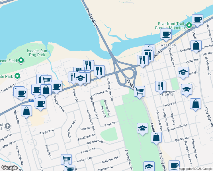 map of restaurants, bars, coffee shops, grocery stores, and more near 197 Buckingham Avenue in Riverview
