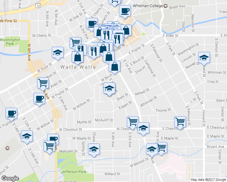 map of restaurants, bars, coffee shops, grocery stores, and more near 356 South 3rd Avenue in Walla Walla