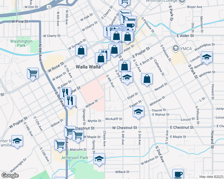 map of restaurants, bars, coffee shops, grocery stores, and more near 325 Grape Street in Walla Walla