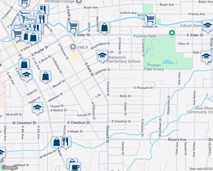 map of restaurants, bars, coffee shops, grocery stores, and more near 623 South Park Street in Walla Walla