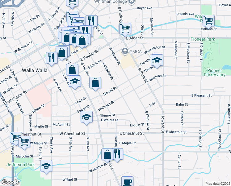 map of restaurants, bars, coffee shops, grocery stores, and more near 135 Whitman Street in Walla Walla