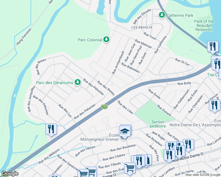 map of restaurants, bars, coffee shops, grocery stores, and more near 33 Rue des Roses in Victoriaville