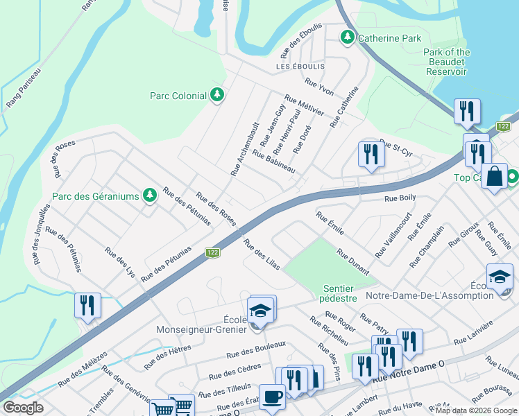 map of restaurants, bars, coffee shops, grocery stores, and more near 230 Rue Catherine in Victoriaville