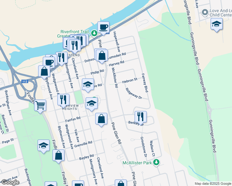 map of restaurants, bars, coffee shops, grocery stores, and more near 311 McAllister Road in Riverview