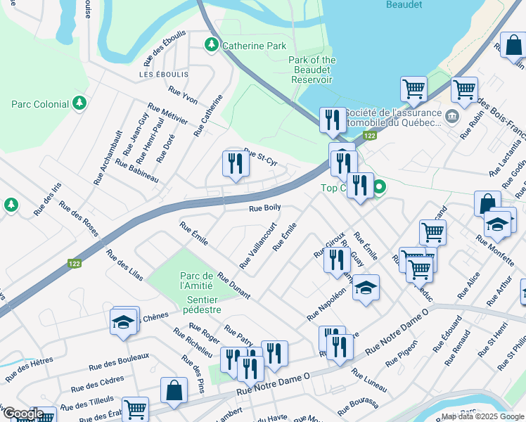 map of restaurants, bars, coffee shops, grocery stores, and more near 260 Rue Boily in Victoriaville