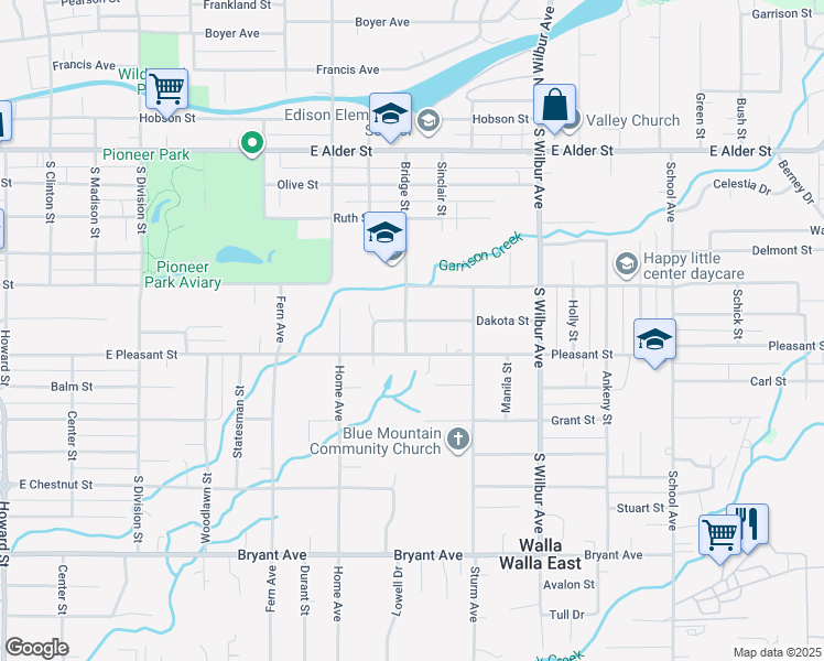 map of restaurants, bars, coffee shops, grocery stores, and more near 515 Bridge Street in Walla Walla