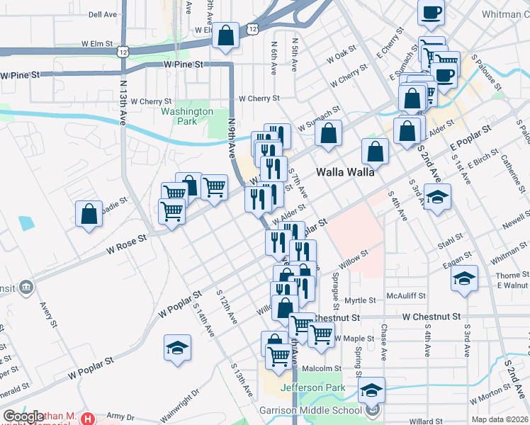 map of restaurants, bars, coffee shops, grocery stores, and more near 627 West Main Street in Walla Walla