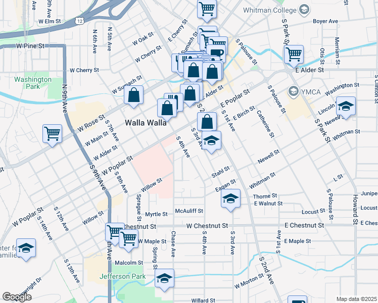 map of restaurants, bars, coffee shops, grocery stores, and more near 309 South 4th Avenue in Walla Walla
