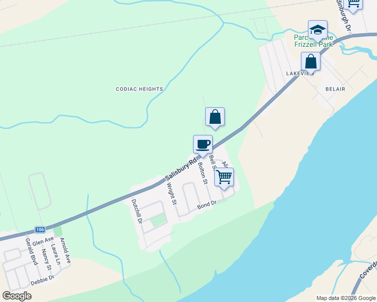 map of restaurants, bars, coffee shops, grocery stores, and more near 693 Salisbury Road in Moncton