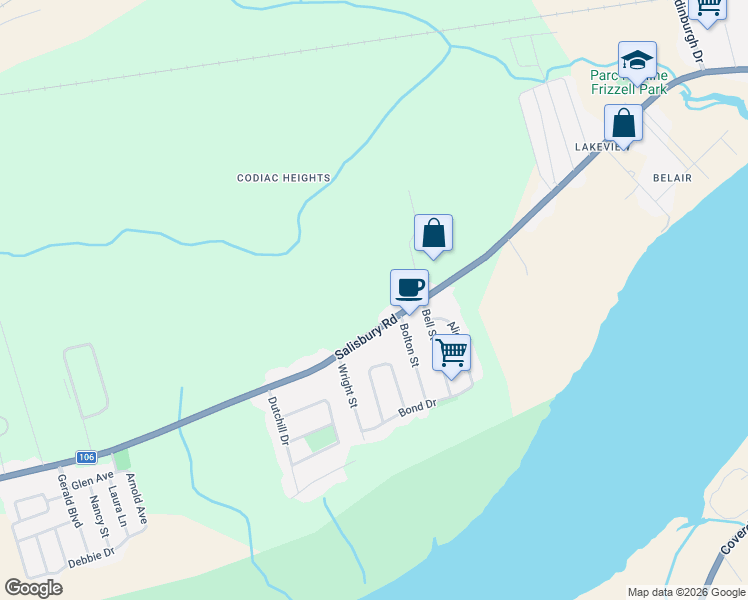 map of restaurants, bars, coffee shops, grocery stores, and more near 693 Salisbury Road in Moncton