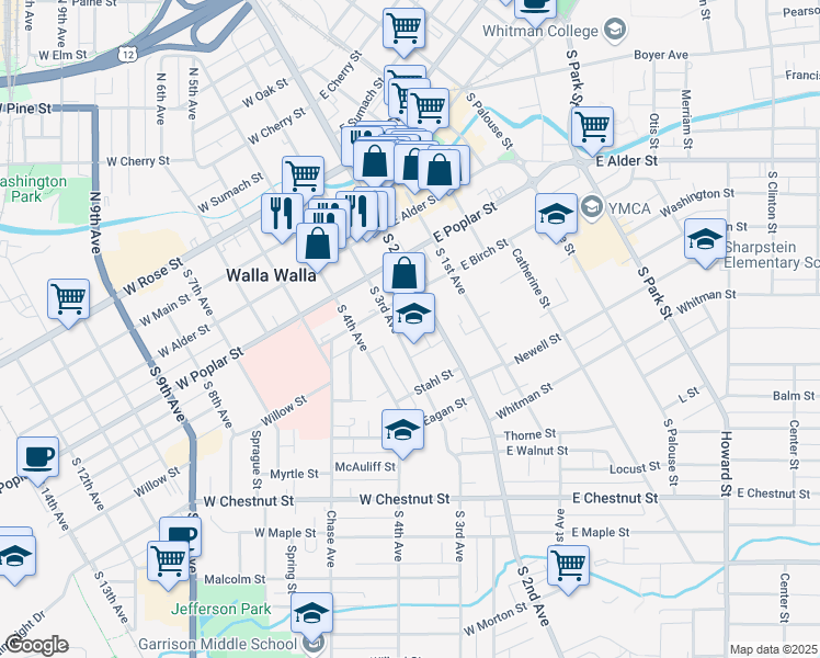 map of restaurants, bars, coffee shops, grocery stores, and more near 33 West Birch Street in Walla Walla