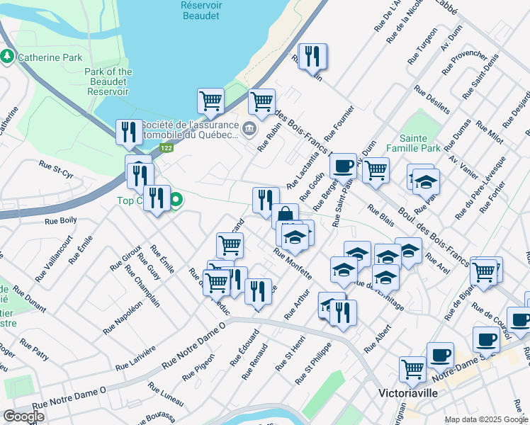 map of restaurants, bars, coffee shops, grocery stores, and more near 154 Rue Arcand in Victoriaville