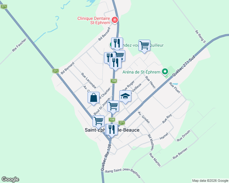 map of restaurants, bars, coffee shops, grocery stores, and more near 80 Québec 108 in Saint-Éphrem-de-Beauce