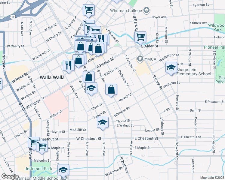 map of restaurants, bars, coffee shops, grocery stores, and more near 340 South 1st Avenue in Walla Walla