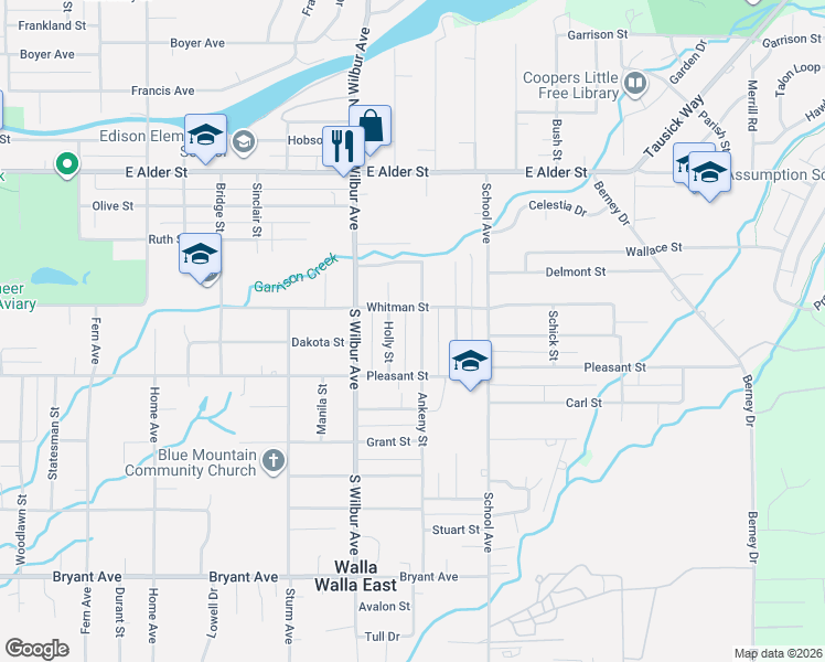 map of restaurants, bars, coffee shops, grocery stores, and more near 514 Ankeny Street in Walla Walla