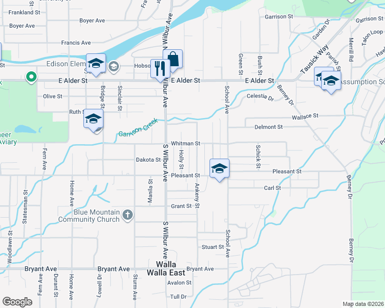 map of restaurants, bars, coffee shops, grocery stores, and more near 514 Ankeny Street in Walla Walla