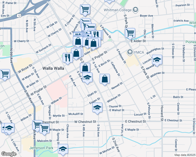 map of restaurants, bars, coffee shops, grocery stores, and more near 340 South 1st Avenue in Walla Walla