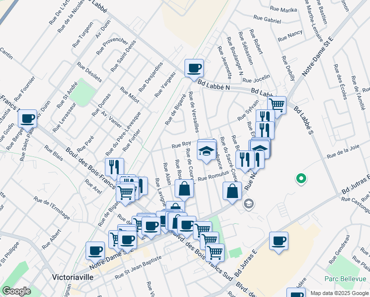 map of restaurants, bars, coffee shops, grocery stores, and more near 94 Rue de Courval in Victoriaville