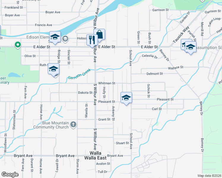 map of restaurants, bars, coffee shops, grocery stores, and more near 514 Ankeny Street in Walla Walla