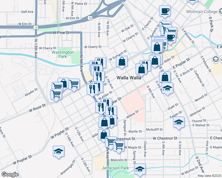 map of restaurants, bars, coffee shops, grocery stores, and more near 504 West Alder Street in Walla Walla