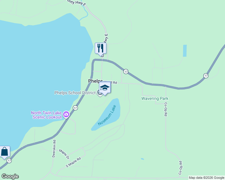 map of restaurants, bars, coffee shops, grocery stores, and more near 4462 Old School Road in Phelps