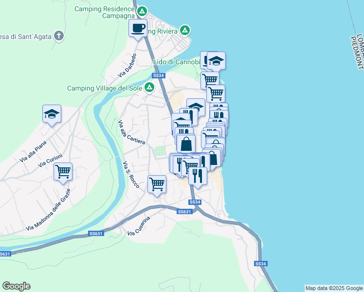 map of restaurants, bars, coffee shops, grocery stores, and more near 13 Strada Statale 34 del Lago Maggiore in Cannobio
