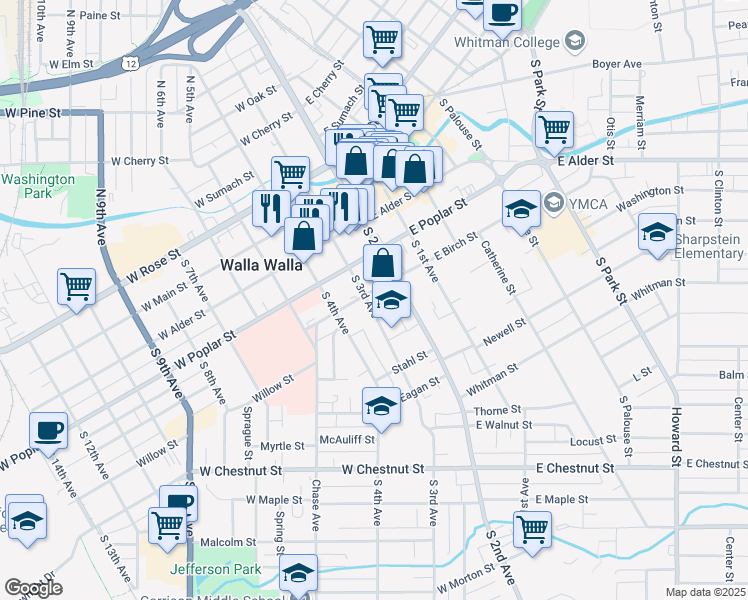 map of restaurants, bars, coffee shops, grocery stores, and more near 33 West Birch Street in Walla Walla