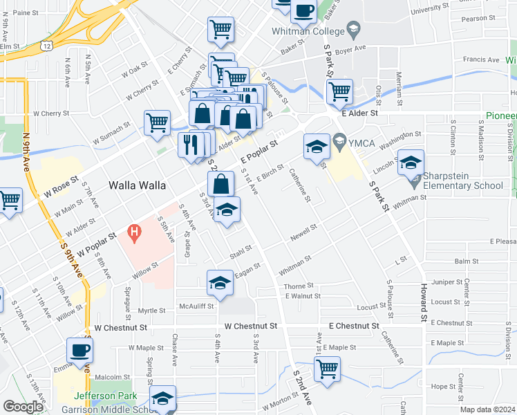 map of restaurants, bars, coffee shops, grocery stores, and more near 336 South 1st Avenue in Walla Walla