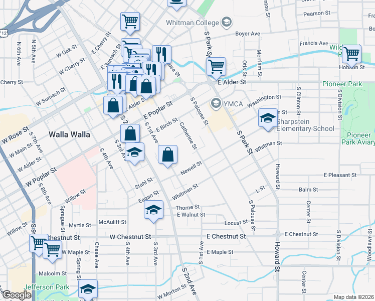 map of restaurants, bars, coffee shops, grocery stores, and more near 364 Catherine Street in Walla Walla
