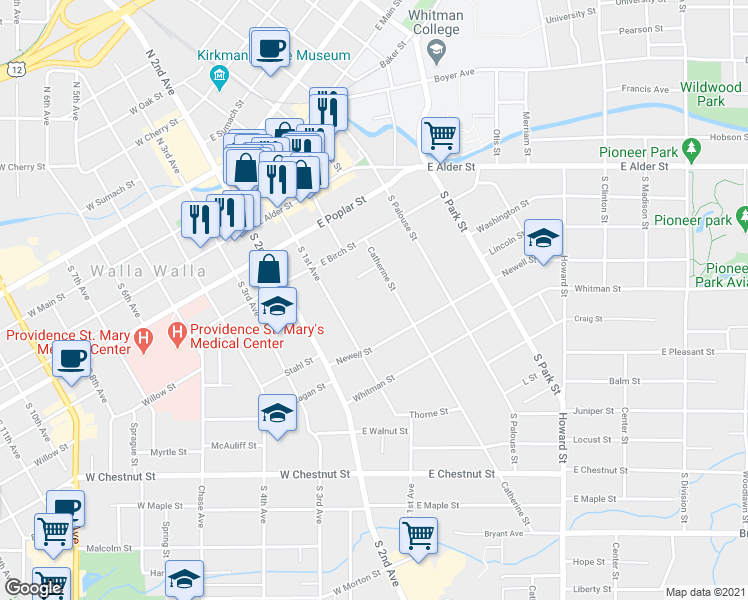 map of restaurants, bars, coffee shops, grocery stores, and more near 364 Catherine Street in Walla Walla