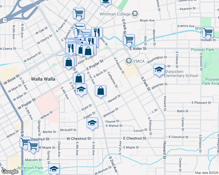 map of restaurants, bars, coffee shops, grocery stores, and more near 364 Catherine Street in Walla Walla