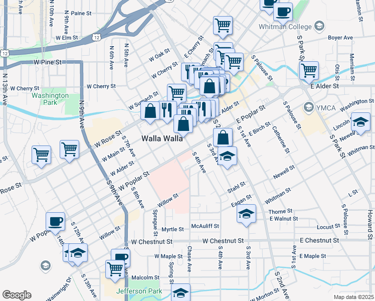 map of restaurants, bars, coffee shops, grocery stores, and more near 209 West Poplar Street in Walla Walla