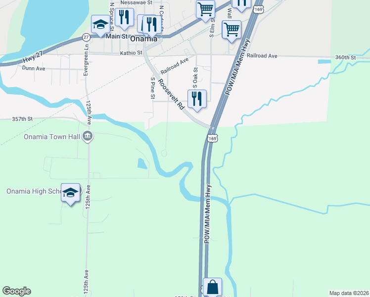 map of restaurants, bars, coffee shops, grocery stores, and more near 491 Roosevelt Road in Onamia