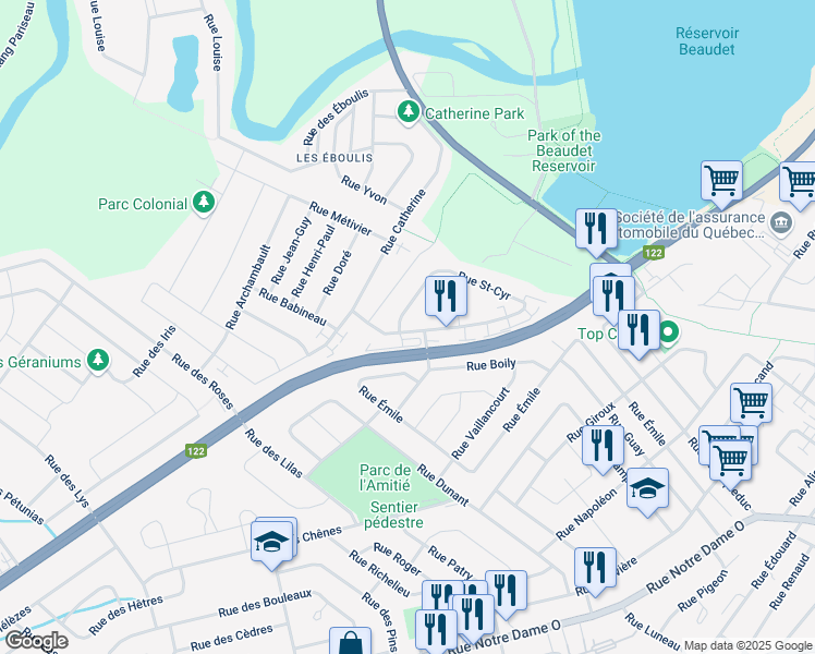 map of restaurants, bars, coffee shops, grocery stores, and more near 63 Rue Saint Cyr in Victoriaville