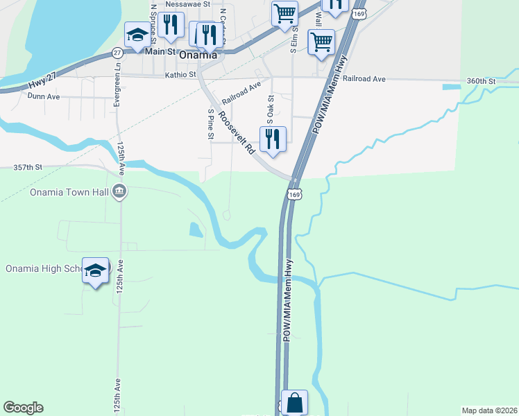 map of restaurants, bars, coffee shops, grocery stores, and more near 491 Roosevelt Road in Onamia