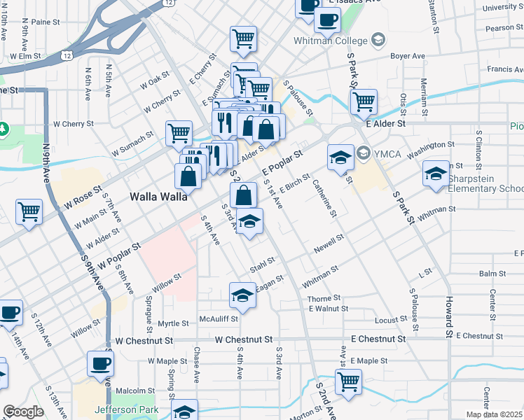 map of restaurants, bars, coffee shops, grocery stores, and more near 2 East Birch Street in Walla Walla