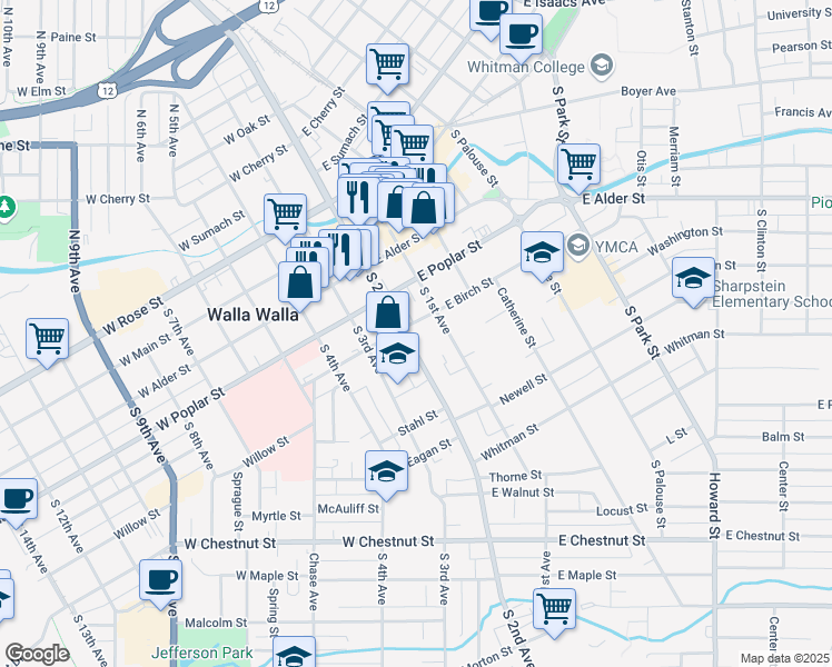 map of restaurants, bars, coffee shops, grocery stores, and more near 2 East Birch Street in Walla Walla
