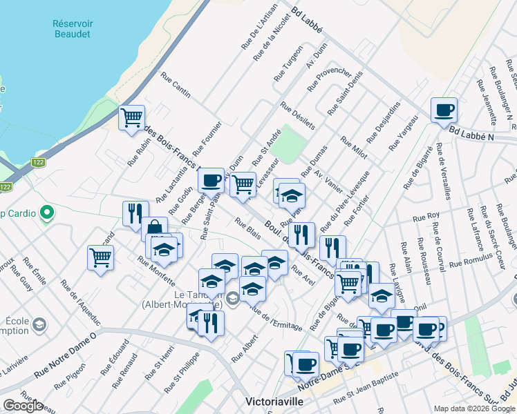 map of restaurants, bars, coffee shops, grocery stores, and more near 325 Boulevard des Bois-Francs Nord in Victoriaville
