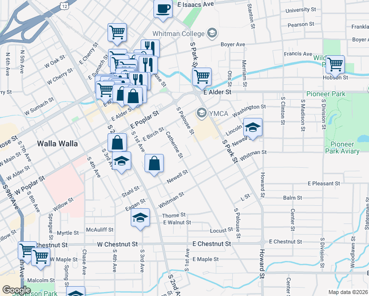 map of restaurants, bars, coffee shops, grocery stores, and more near 369 Catherine Street in Walla Walla