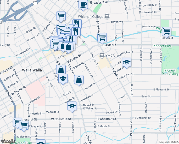 map of restaurants, bars, coffee shops, grocery stores, and more near 343 Catherine Street in Walla Walla