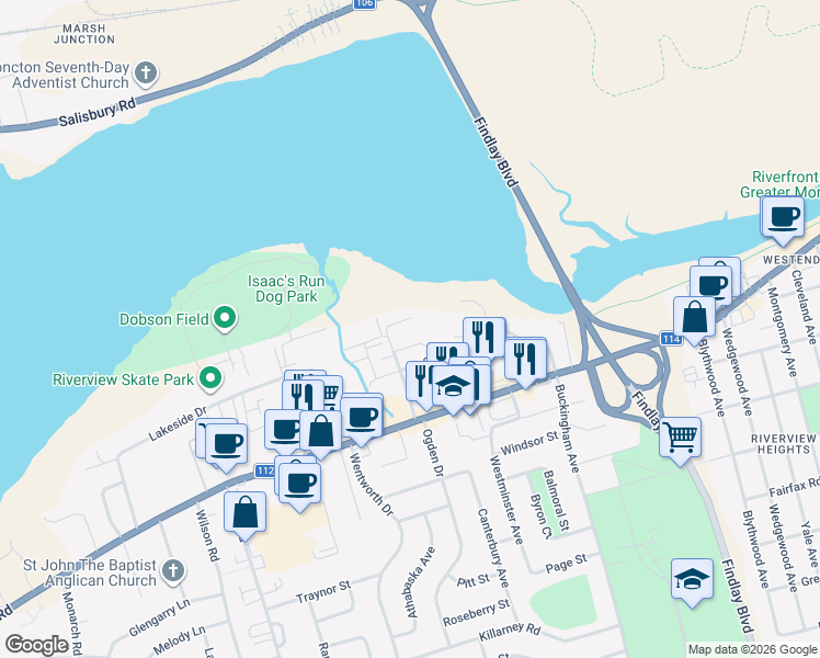 map of restaurants, bars, coffee shops, grocery stores, and more near 54 Strathmore Avenue in Riverview