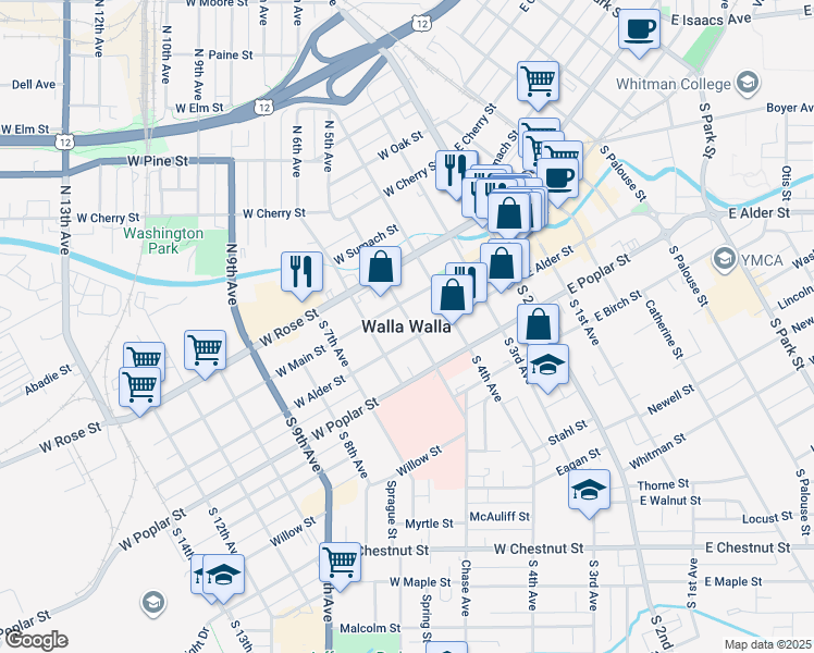 map of restaurants, bars, coffee shops, grocery stores, and more near in Walla Walla
