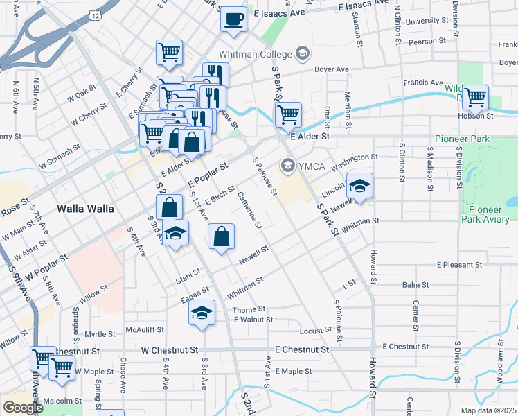 map of restaurants, bars, coffee shops, grocery stores, and more near 330 South Palouse Street in Walla Walla