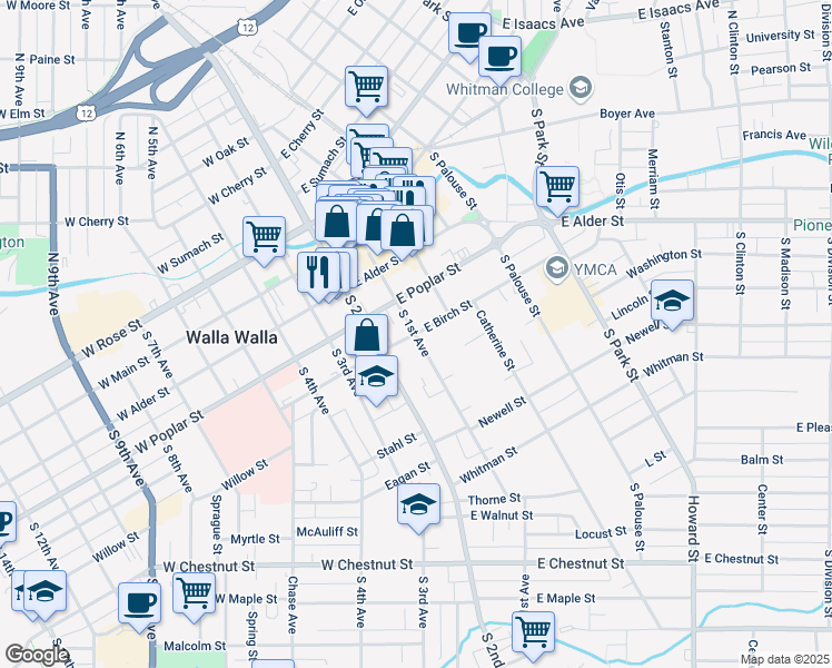 map of restaurants, bars, coffee shops, grocery stores, and more near S 1st Ave & E Birch St in Walla Walla
